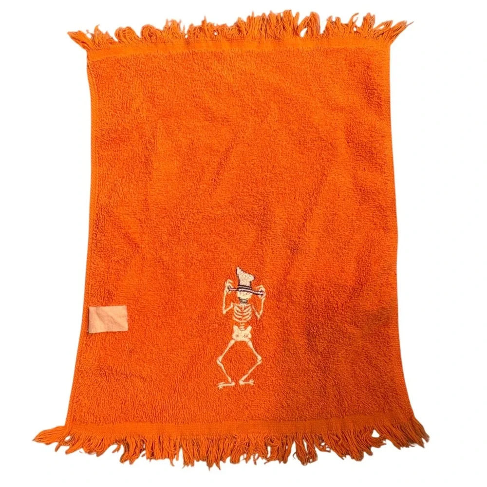 Orange Halloween Hand Towel Embroidered Dancing Skeleton Purple Top Hat Fringe